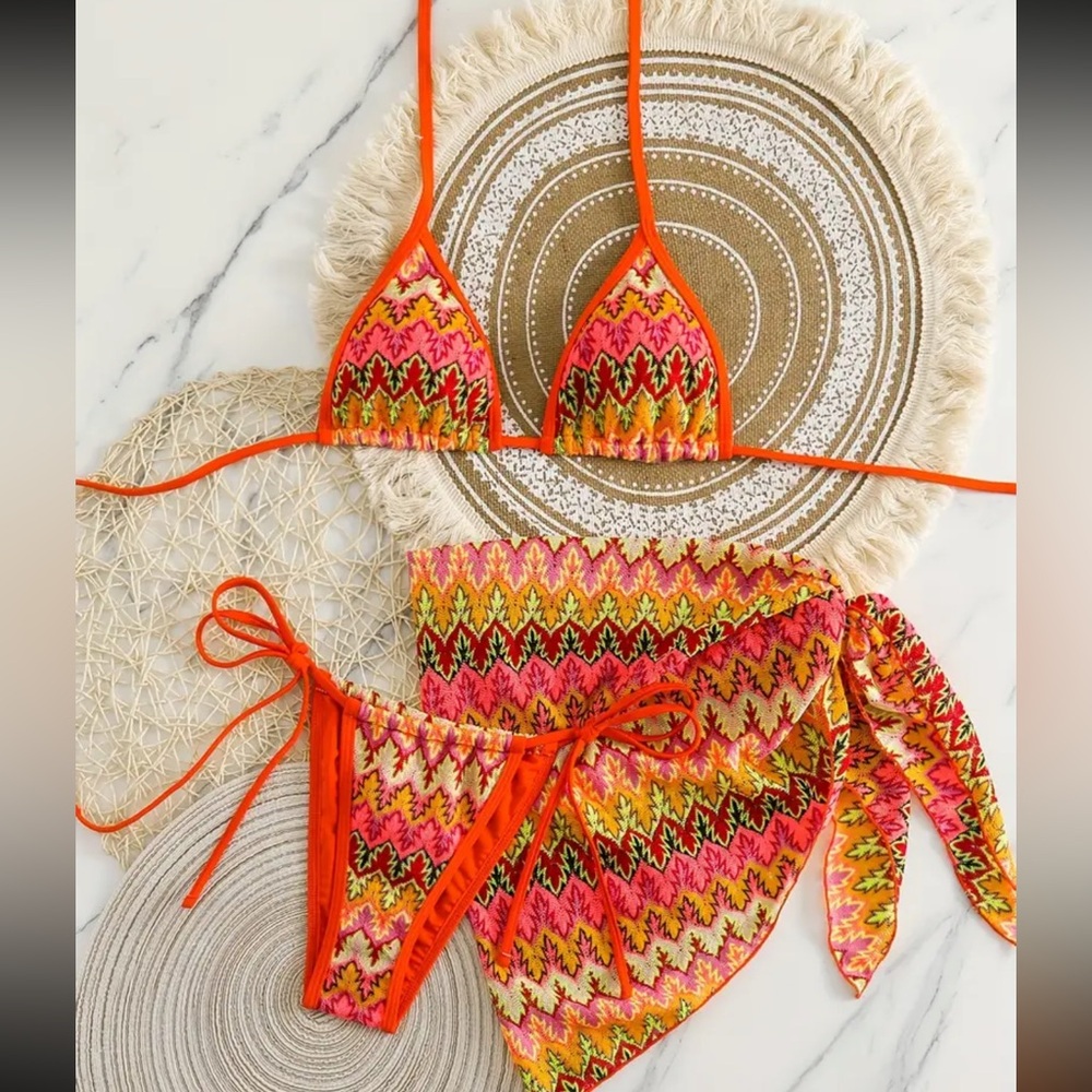 3pc Vibrant Boho Multicolor Halter Side Tie Bikini Set with Sarong Cover Up